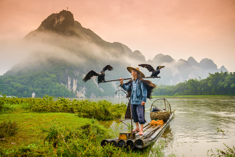 pescador de Comoran sobre una lancha en el rio Yulong en Yangshuo con montañas de fondo